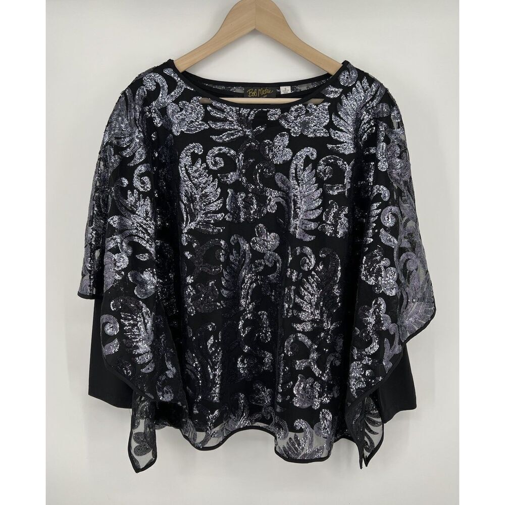 Bob Mackie Wearable Art Size Small Black Sequin Caftan Style Top 2-piece Loose